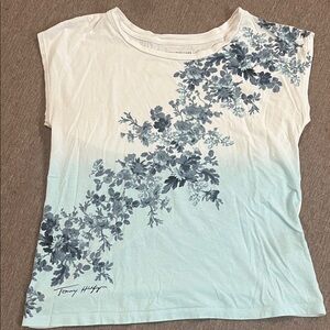 Tommy Hilfiger White and Blue Floral Short Sleeve Top